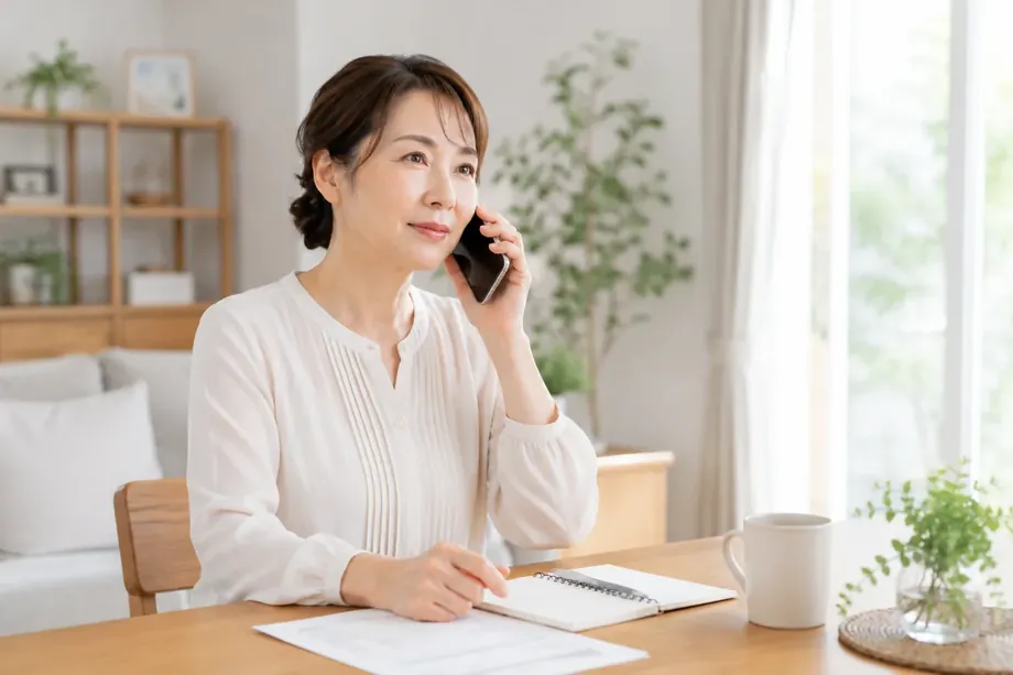 スマートフォンで問い合わせをする女性