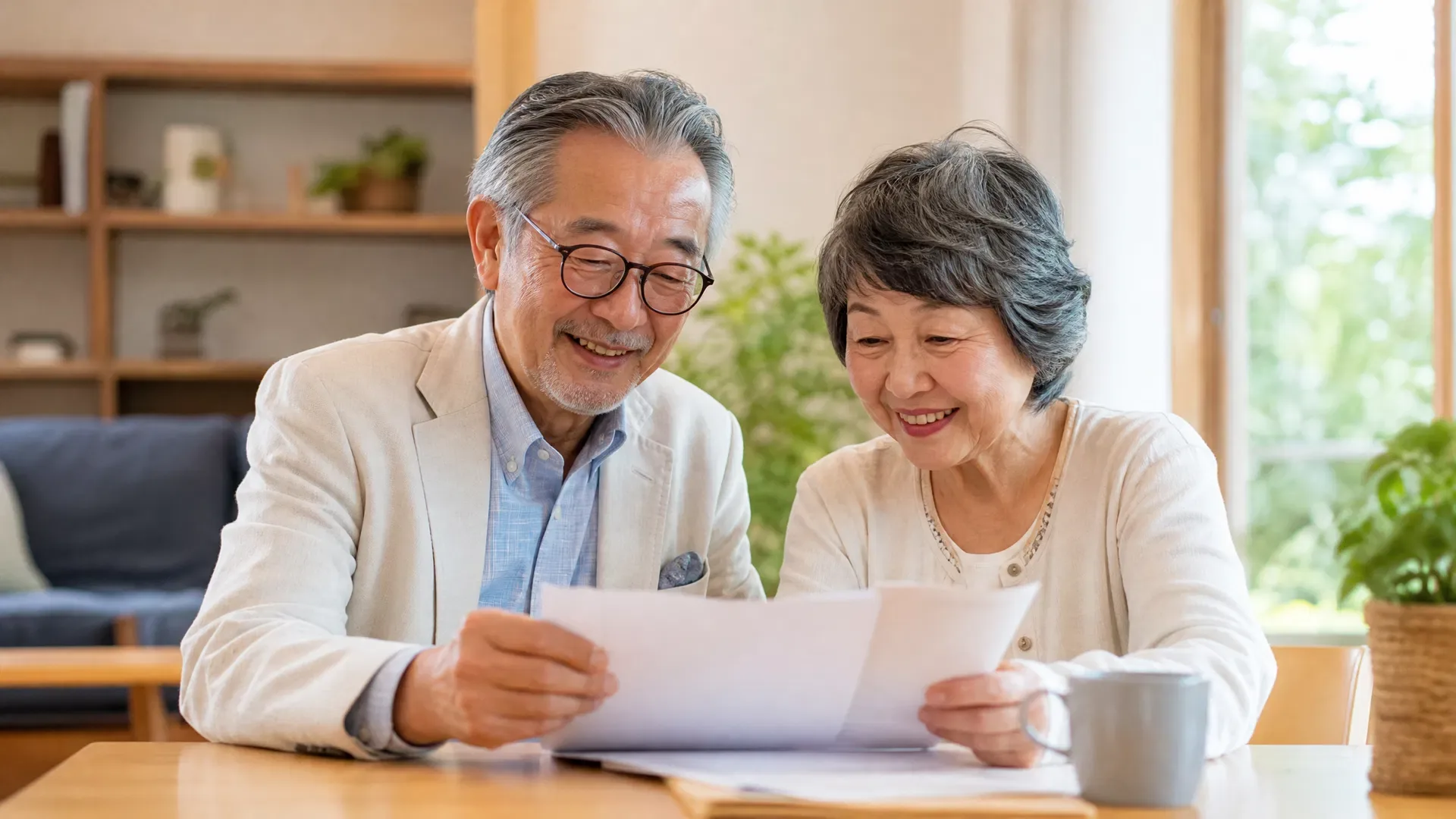 穏やかなシニア夫婦が書類を確認している様子